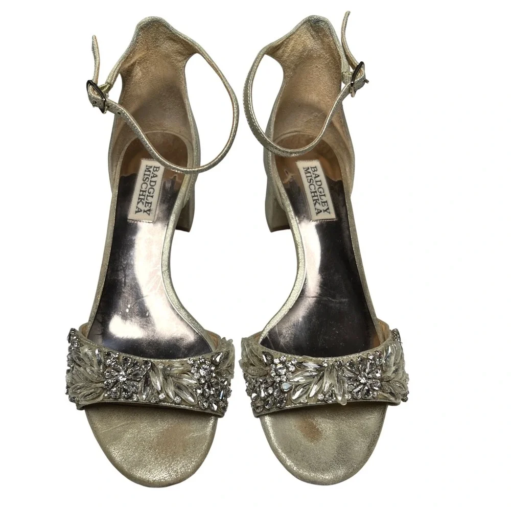 Formal Gold Embellished Block Heels‎ Badgley Mischka Ankle Strap 6.5
